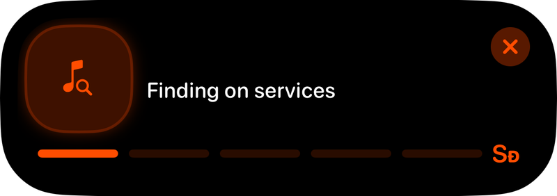 The Shared Live Activity in the expanded Dynamic Island showing Finding on services in the Orange tint, light appearance.