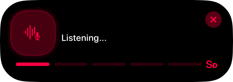 The Shared Live Activity in the expanded Dynamic Island showing Listening… in the Pink tint, light appearance.