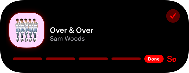 The Shared Live Activity in the expanded Dynamic Island showing Done in the Red tint, dark appearance.
