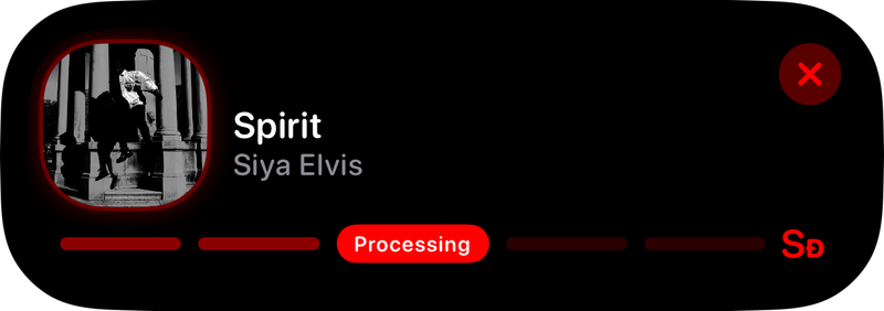The Shared Live Activity in the expanded Dynamic Island showing Processing in the Red tint, light appearance.