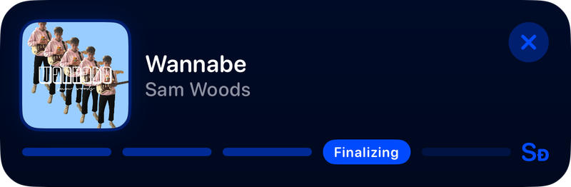 The Shared Live Activity on the Lock Screen showing Finalizing in the Blue tint, dark appearance.