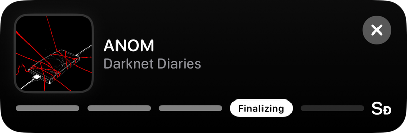 The Shared Live Activity on the Lock Screen showing Finalizing in the Grey tint, dark appearance.