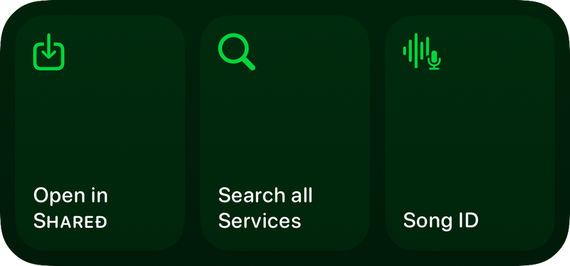 The Quick Actions widget from Shared at Medium size in the Green tint, dark appearance.