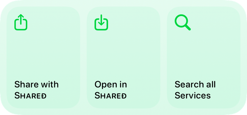 The Quick Actions widget from Shared at Medium size in the Green tint, light appearance.