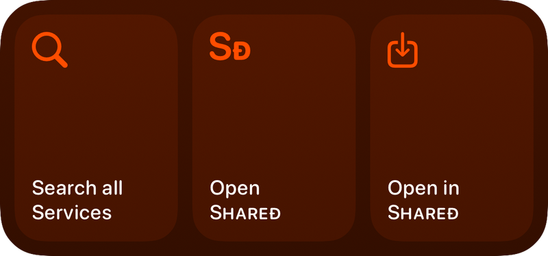 The Quick Actions widget from Shared at Medium size in the Orange tint, dark appearance.