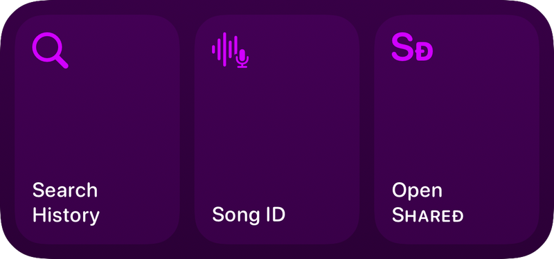 The Quick Actions widget from Shared at Medium size in the Purple tint, dark appearance.