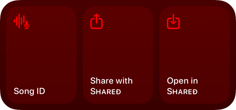 The Quick Actions widget from Shared at Medium size in the Red tint, dark appearance.