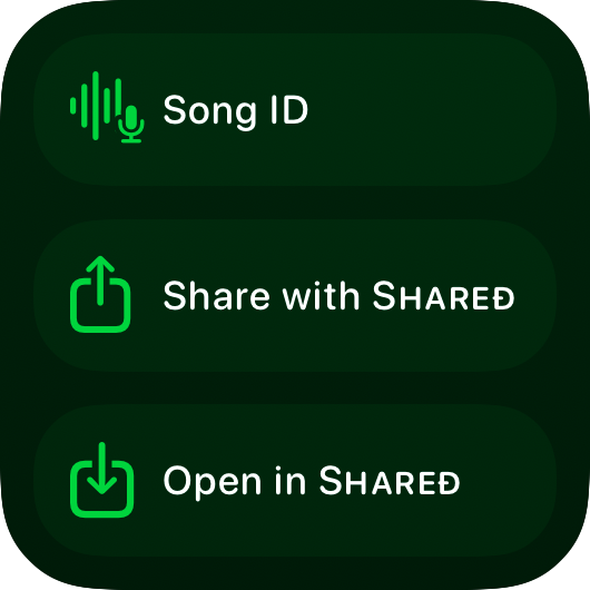 The Quick Actions widget from Shared at Small size in the Green tint, dark appearance.
