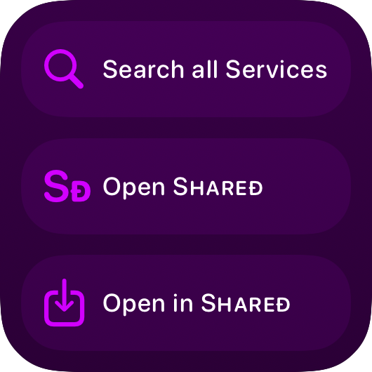 The Quick Actions widget from Shared at Small size in the Purple tint, dark appearance.