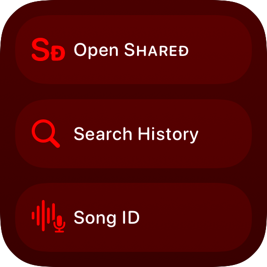 The Quick Actions widget from Shared at Small size in the Red tint, dark appearance.