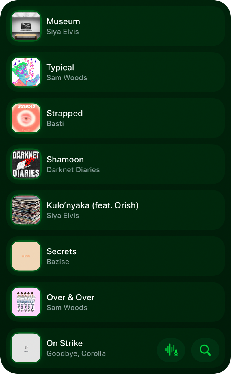 The Recent History widget from Shared at Extra Large Portrait size in the Green tint, dark appearance.