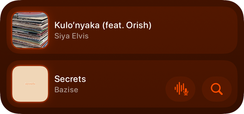 The Recent History widget from Shared at Medium size in the Orange tint, dark appearance.